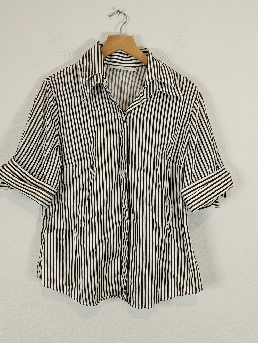 Anne Fontaine Black White Striped Button Down Shirt Wide Layer Collar Cuff 44